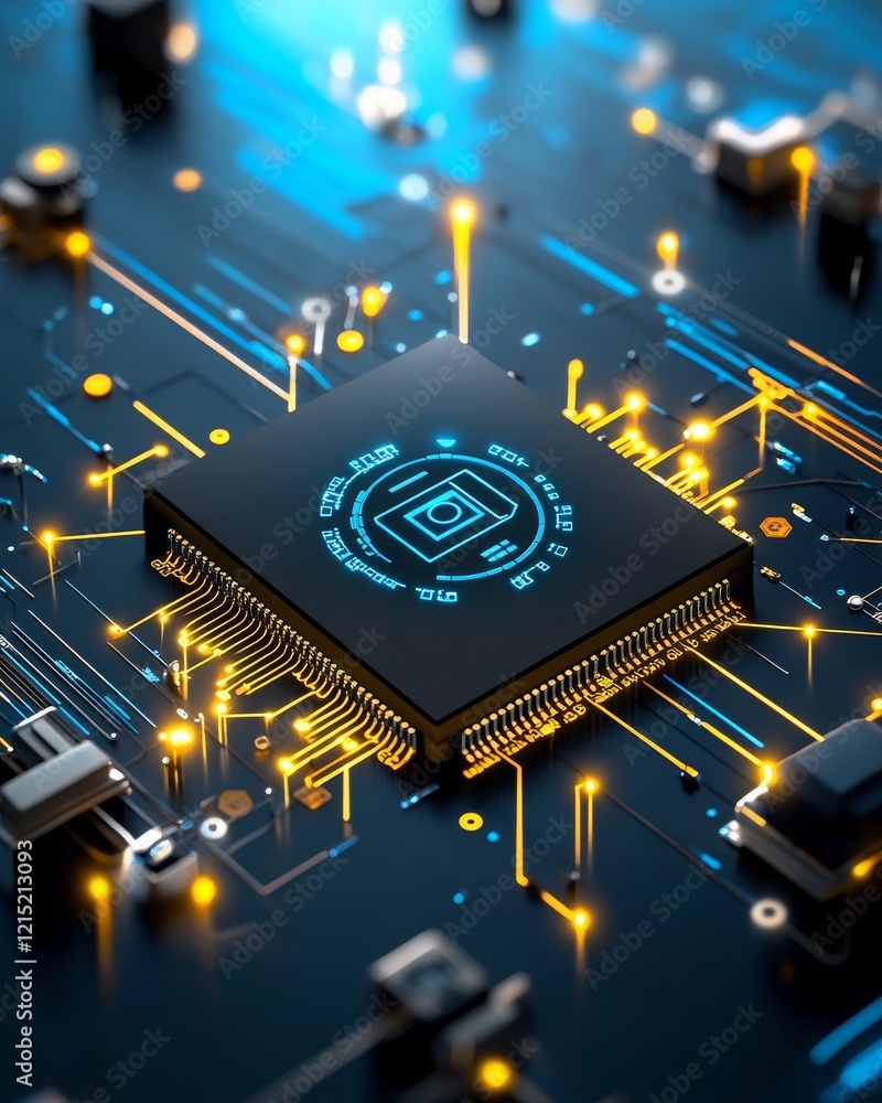 Poster a close-up of a microchip on a circuit board, illuminated with glowing connections, showcasing advan