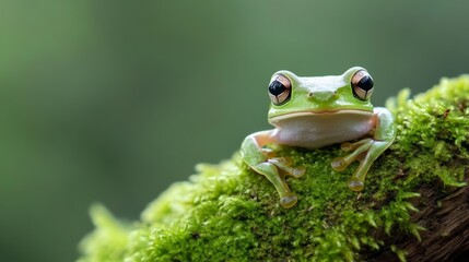 A vibrant frog sits on moss, its eyes glistening with curiosity against a blurred green background.