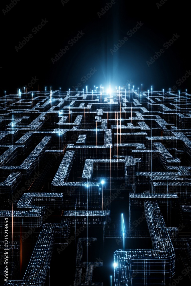 Poster a futuristic maze of glowing lines and points, depicting a digital landscape that suggests complexit