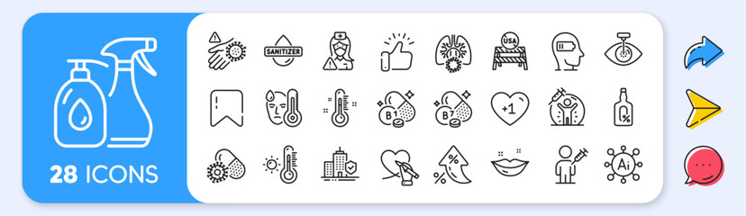 Weariness, Alcohol free and Vaccine protection line icons. Interest rate, AI generate, Inflation icons. Pack of Coronavirus pills, Fever, People vaccination icon. Vector