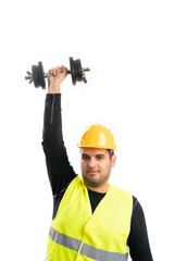 Constructor man in work attire holding dumbbell exercise concept