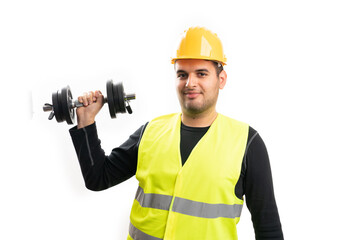 Healthy builder man holding dumbbell as weightlifting exercise
