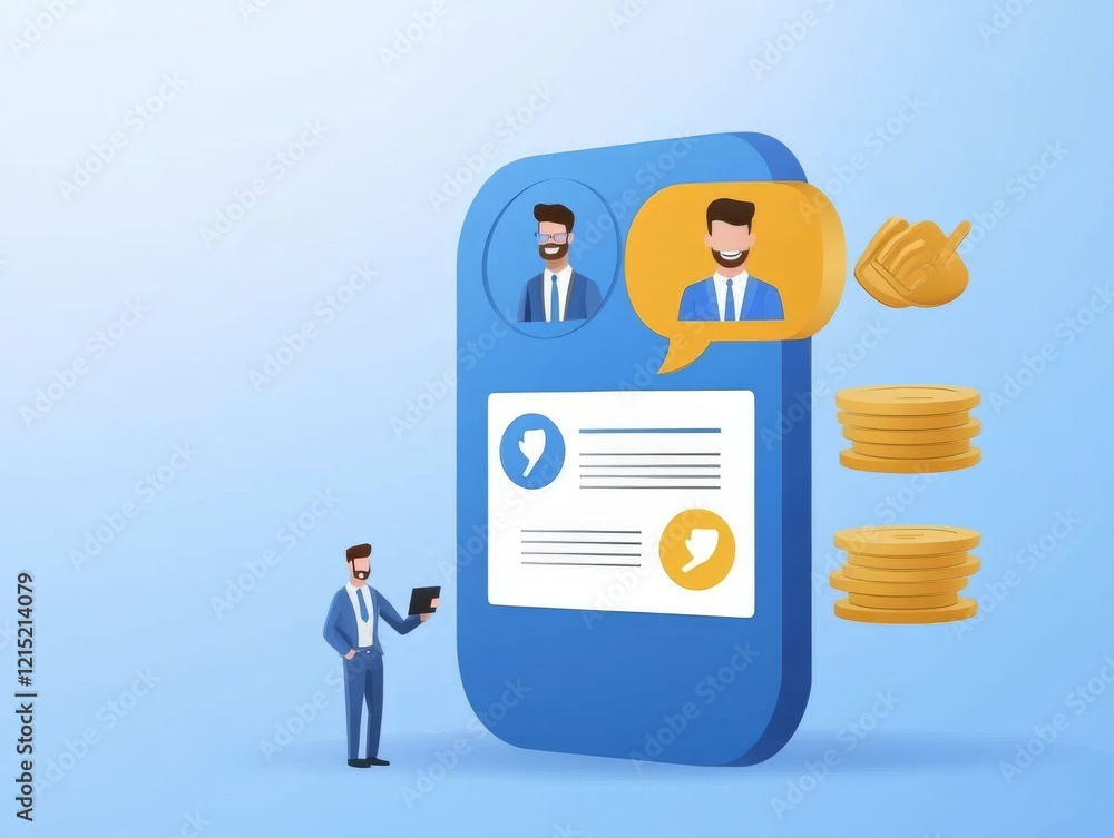 Poster a digital illustration showing a businessman interacting with a smartphone displaying chat bubbles a