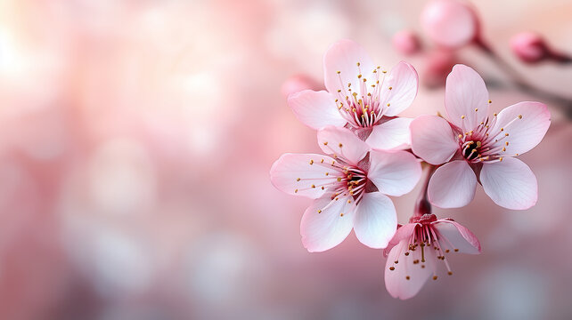 Close-up of cherry blossoms with soft pink petals and blurred pastel background, ideal for romantic, seasonal, or nature-focused designs - Powered by Adobe