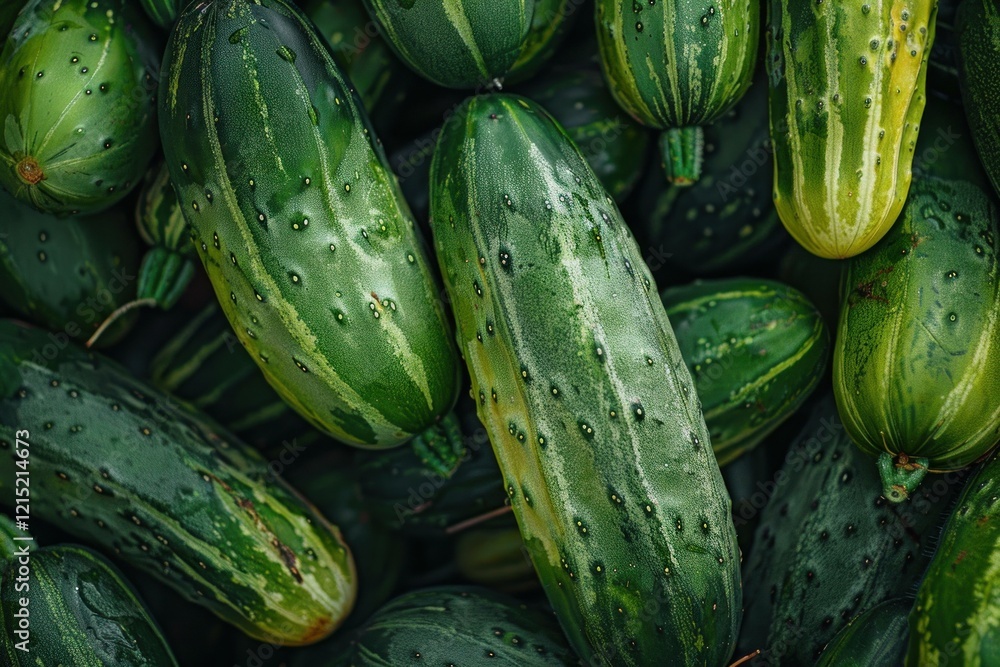 Poster close up of fresh, wet cucumbers creating a textured green backdrop