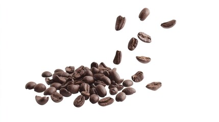 Fresh Roasted Coffee Beans Spilling from Heap on White Background