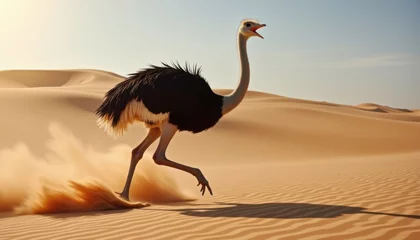 Fototapeten Ostrich running across sandy desert in bright midday sunlight © yuntunen