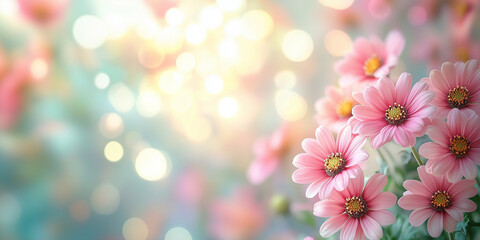 Pink daisy flowers with blurred pastel lights, perfect for cheerful designs, greeting cards, or feminine themes