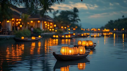 Obraz premium Hoi An lanterns float on river at dusk