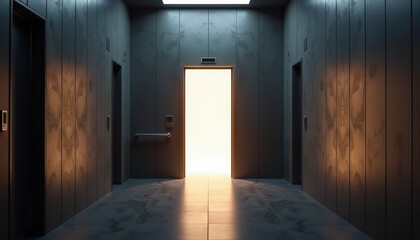 Elevator doors opening to glowing light in a dark, futuristic setting