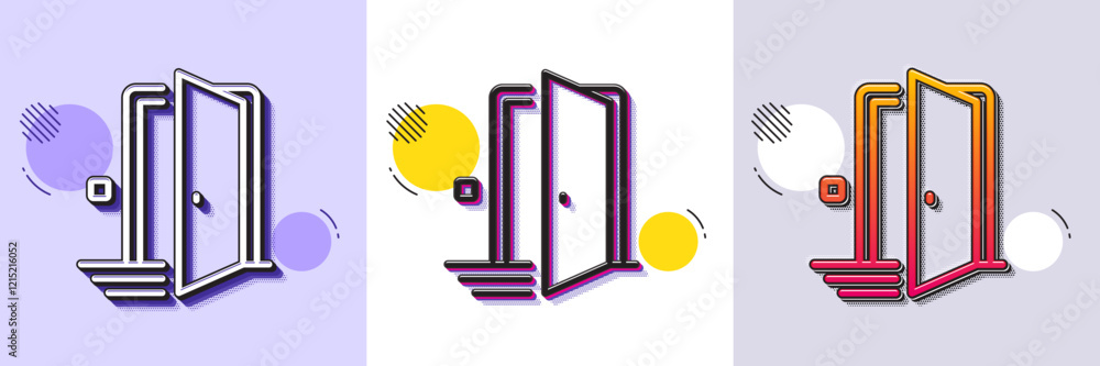 Poster door line icon. halftone dotted pattern. gradient icon with grain shadow. open doorway sign. home in