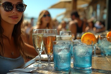 Woman enjoys drinks at an outdoor cafe with friends
