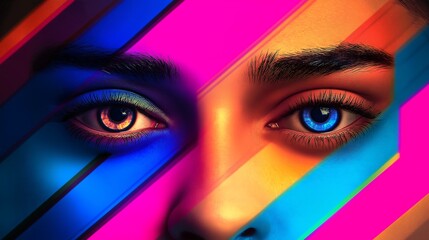 Collage of close-up male and female eyes isolated on colored neon backgorund. Multicolored stripes. Concept of equality, unification of all nations, ages and interests