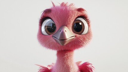 Fototapeta premium Adorable cartoon pink ostrich with big eyes and fluffy feathers