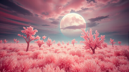 Surreal wallpaper soft infrared spectrum, otherworldly appearance Japan cherry blossoms wallpaper desktop background | generative AI