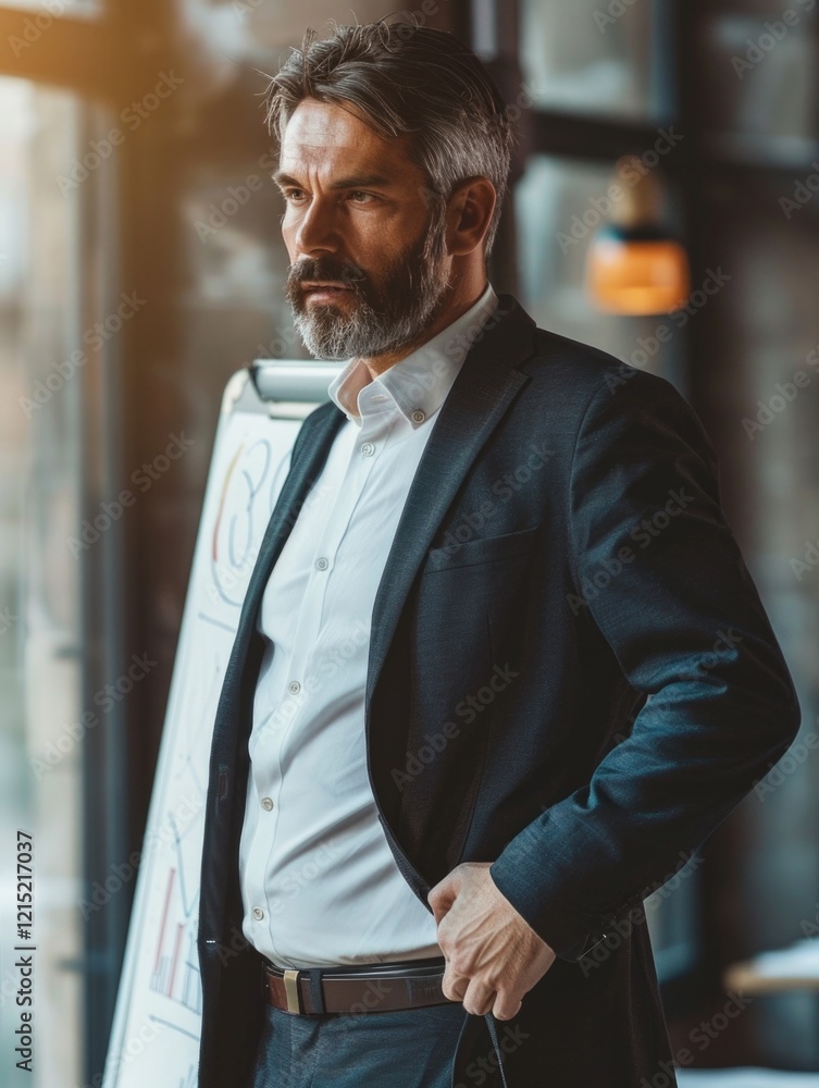 Poster a man in a suit stands in front of a white board with the letters c and q on it. he is in a professi