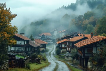 Fototapeta premium Fog blankets a serene village creating a tranquil atmosphere among the houses