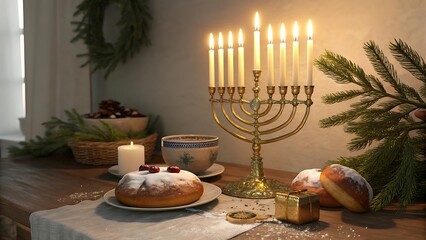 A photostock image of a festive Hanukkah menorah adorned with glowing candles.