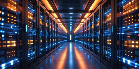 Internet Connection network in servers data center room storage systems. High-tech server room data center with rows of computer racks storing vast amounts of information