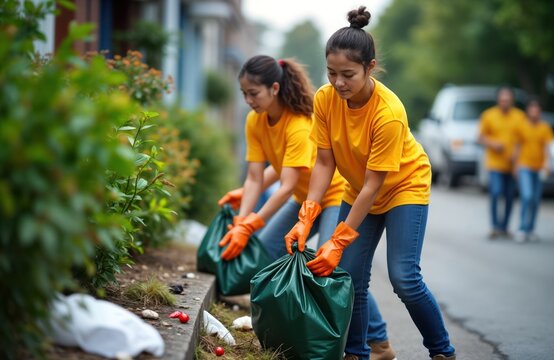 Volunteers collect rubbish along city street. People in yellow shirts pick up trash in green bags. Community cleanup effort. Volunteers work together. Eco-friendly activity. Environmental