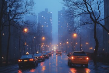 Obraz premium Fog envelops city streets at night with illuminated buildings and parked taxis