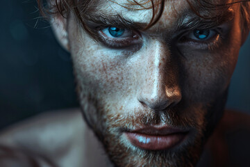 Close-up of a man with striking blue eyes and rugged features in a moody atmosphere
