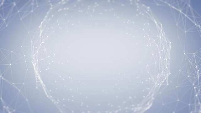 Abstract white digital network with interconnected nodes and lines on a light gradient background, representing technology, communication, and data flow.