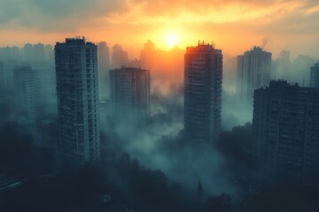 Fototapeta premium Fog envelops city streets at night with illuminated buildings and parked taxis