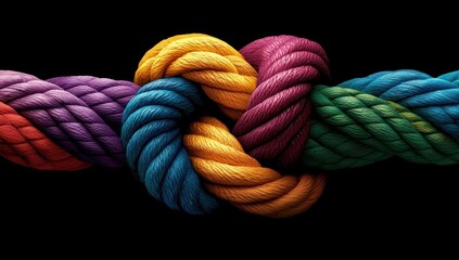 A knot made from a colorful rope with a black background. Strong teamwork and team connection concept.