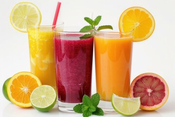 Three glasses of colorful smoothies and juices decorated with various sliced citrus fruits, lemon, orange, lime and mint leaves, promoting a healthy lifestyle