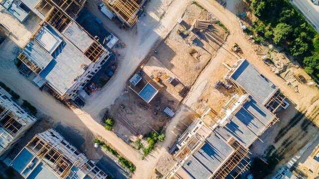 An aerial view of a construction site where architects and engineers are planning the layout of a sustainable eco-village, Eco-village planning scene, Aerial planning style