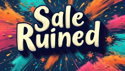This eye-catching graphic features the bold text Sale Ruined set against a dynamic background of vibrant splashes in orange, blue, and yellow. The energetic design conveys a sense of urgency and
