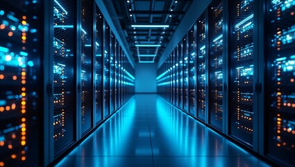 Fototapeta premium Internet Connection network in servers data center room storage systems. High-tech server room data center with rows of computer racks storing vast amounts of information