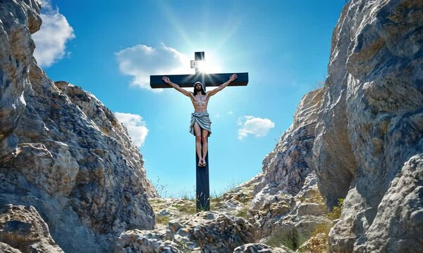 Crucifixion and Resurrection concept. Cross between 2 rock faces with a happy and jubilant man. Jesus is the way, the truth and the life