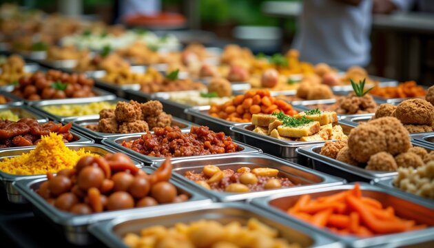 Mouthwatering food spread on buffet table. Diverse dishes include appetizers, main courses, sides, desserts. Wide variety available. Appealing array of culinary creations. Selection caters to diverse