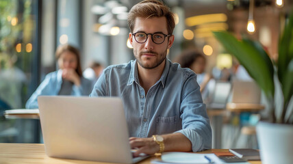 Obraz premium A man is sitting at a table with a laptop in front of him