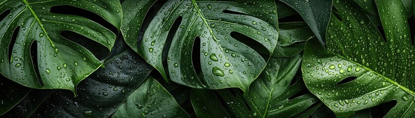 Lush green leaves with droplets of water, showcasing a vibrant, moisture-rich plant environment.