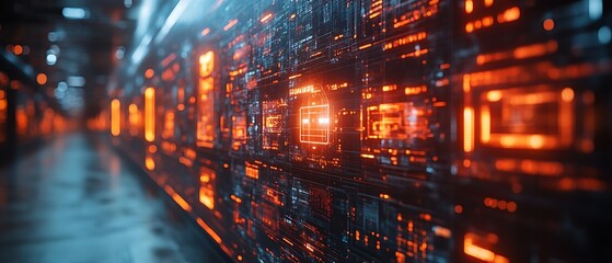 Futuristic digital data center corridor.