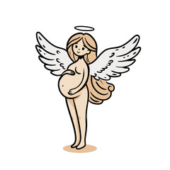 Cartoon-style pregnant angel with a halo, smiling peacefully. Ideal for baby shower invitations and maternity-related themes. Isolated vector illustration.