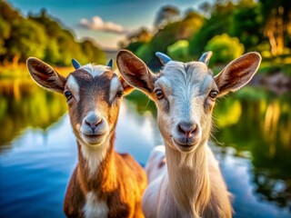 Fototapeta premium Playful Young Goats by River - Adorable Farm Animals Stock Photo