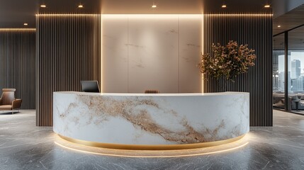 Empty marble reception desk in modern office lobby with city view