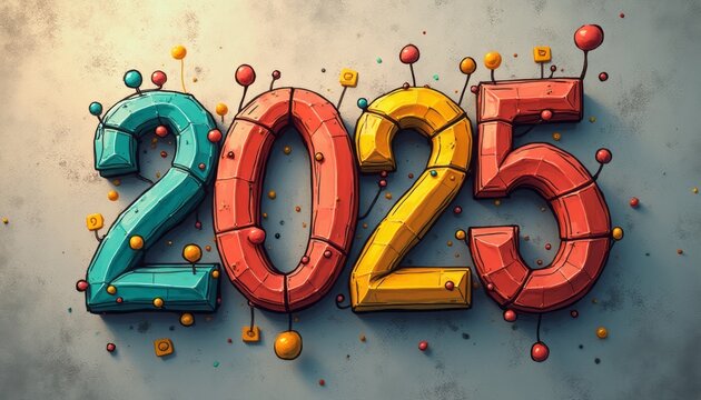 The vibrant numbers 2025 are artistically crafted with a playful, three-dimensional style, adorned with colorful dots and shapes. This lively representation captures the excitement and anticipation of