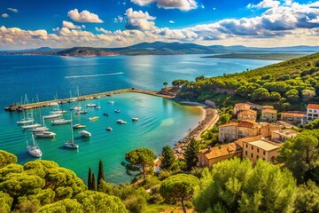 Fototapeta premium Populonia Village Overlooking Turquoise Golfo di Baratti Bay, Italy
