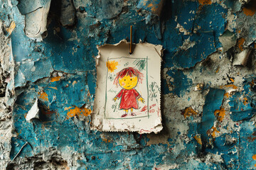 Child's drawing clings to a crumbling wall, evoking nostalgia and forgotten memories in a faded setting
