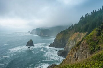 Dramatic waves hitting rugged coastal cliffs under a cloudy sky.