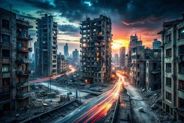 Obraz premium Post-Apocalyptic Cityscape: Long Exposure Ruins at Night
