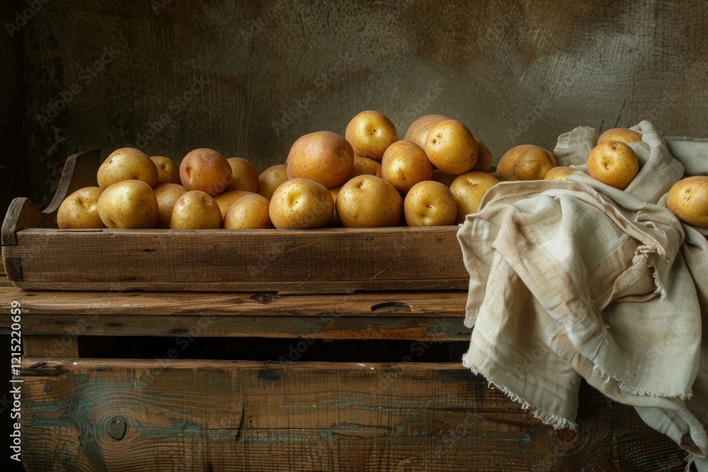 Poster raw potatoes in an old wooden crate sit on a rustic table, covered with a linen cloth, creating a st