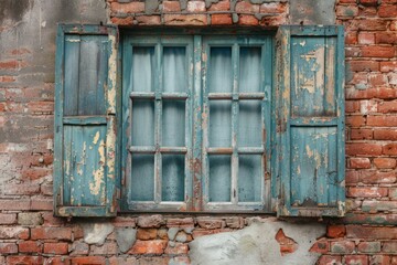 Red brick wall with old wooden window in russian city. Detailed photo textured background