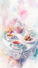 A beautiful watercolor illustration of a vintage tea table featuring a floral teapot, teacups, and a plate of sweets on a lace-covered table against a pastel background