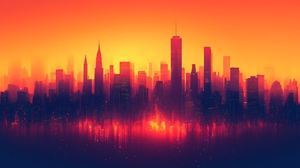 Fiery sunset cityscape, hazy horizon, urban skyline, digital art, website banner
